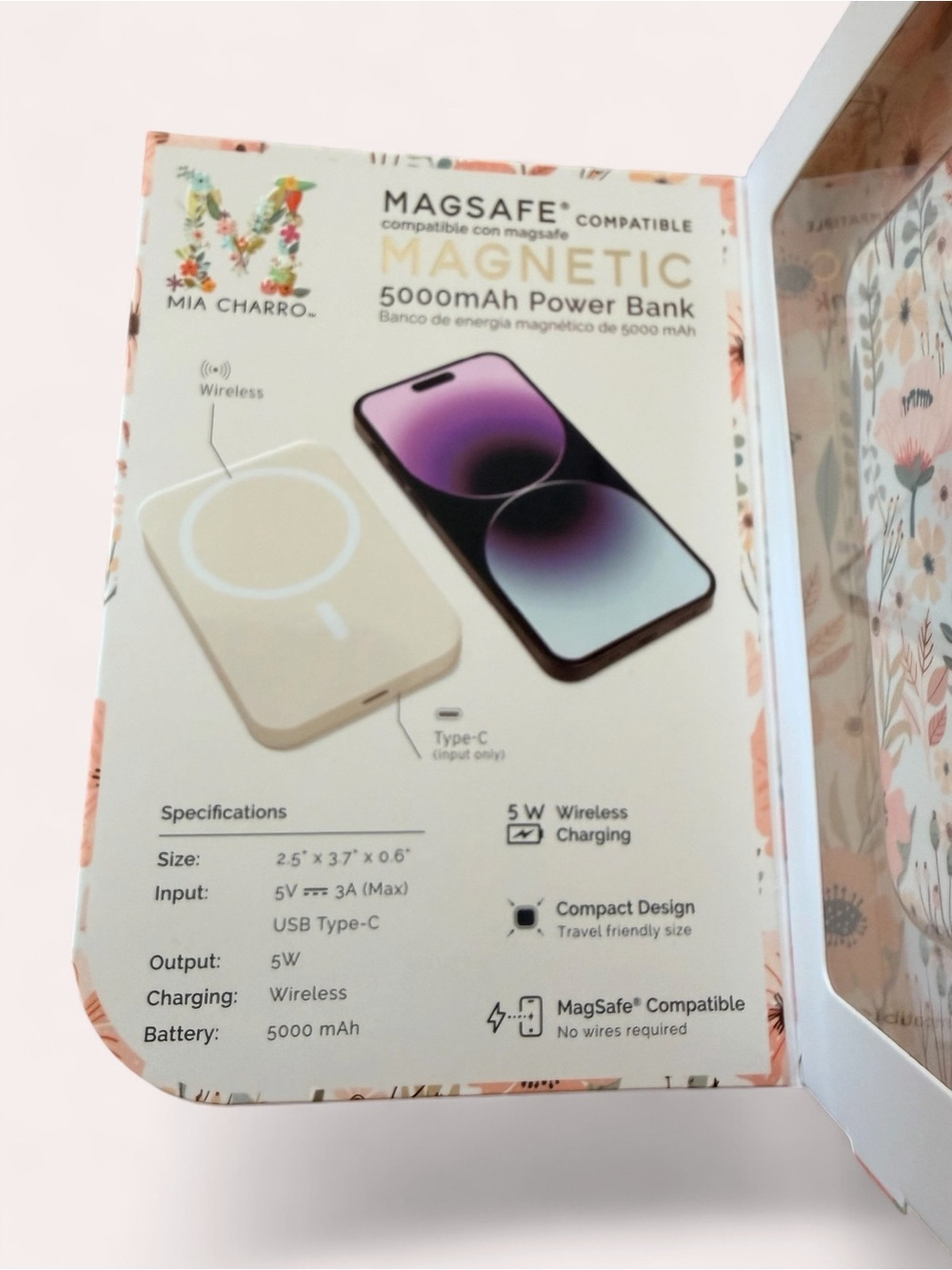 Mia Charro Floral MagSafe-Compatible Magnetic 5000mAh Power Bank - Pink Floral - Picture 5 of 6